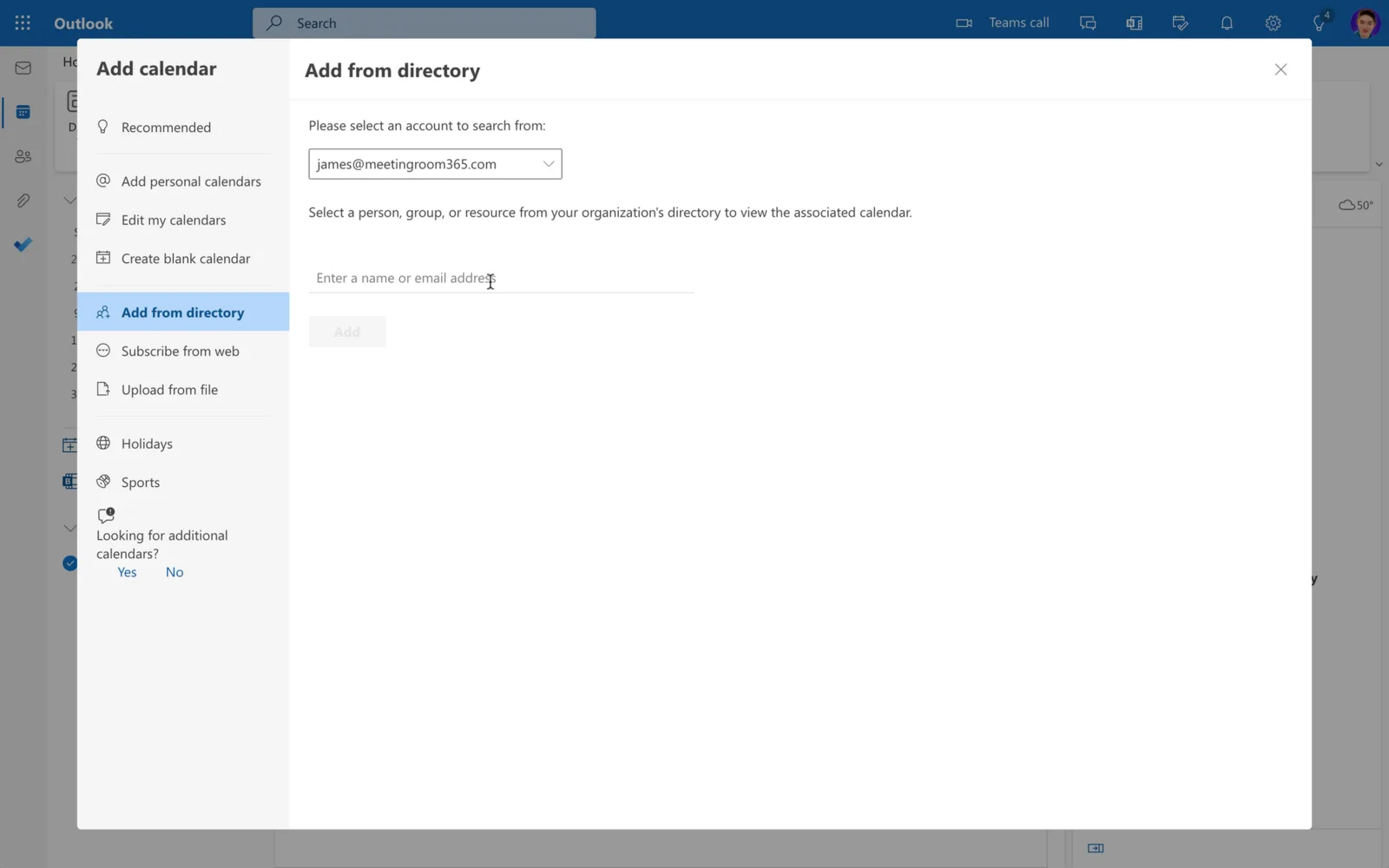 Outlook Add calendar dialog set to Add from directory with a person or resource search box