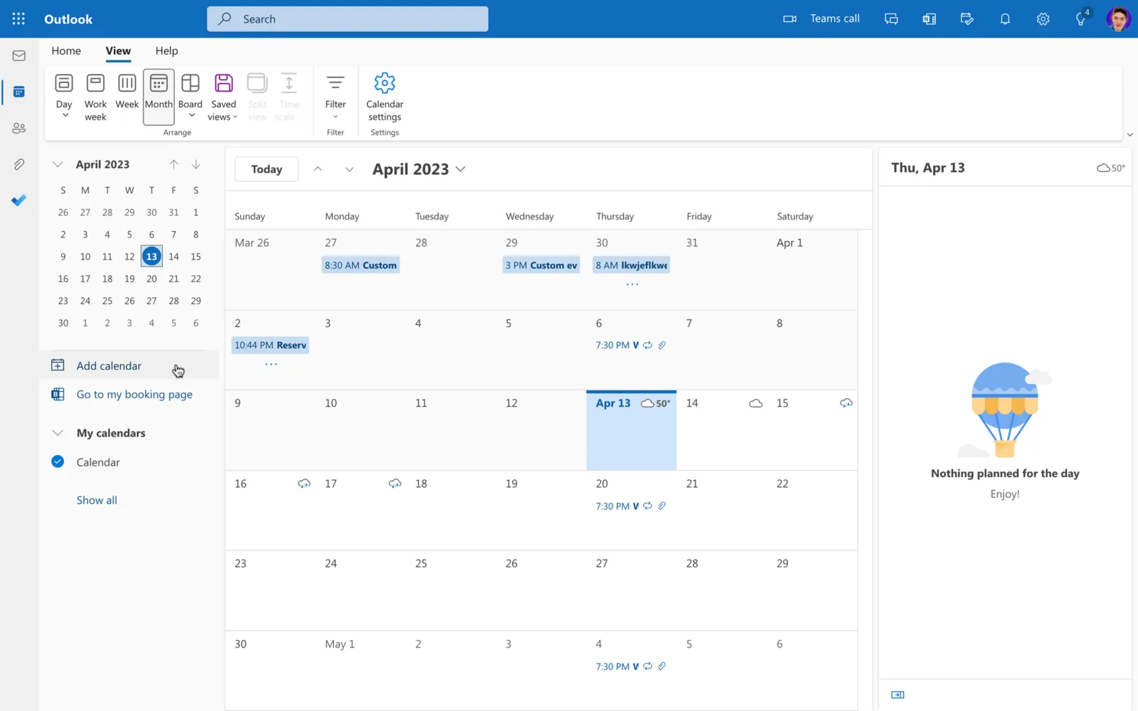 Outlook on the web calendar with the Add calendar option in the sidebar