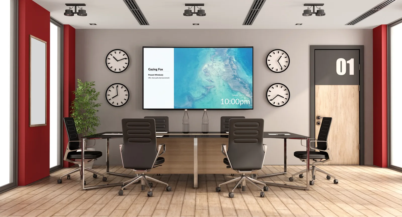 Rendered meeting room with a wall display showing room status and world clocks on the wall