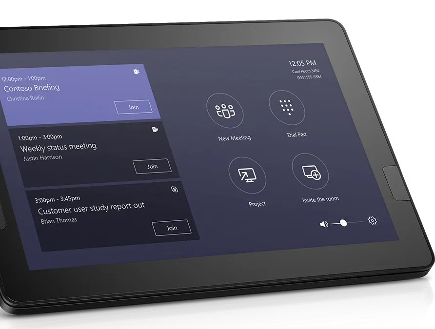 Microsoft Teams Rooms touch console listing upcoming meetings with Join buttons