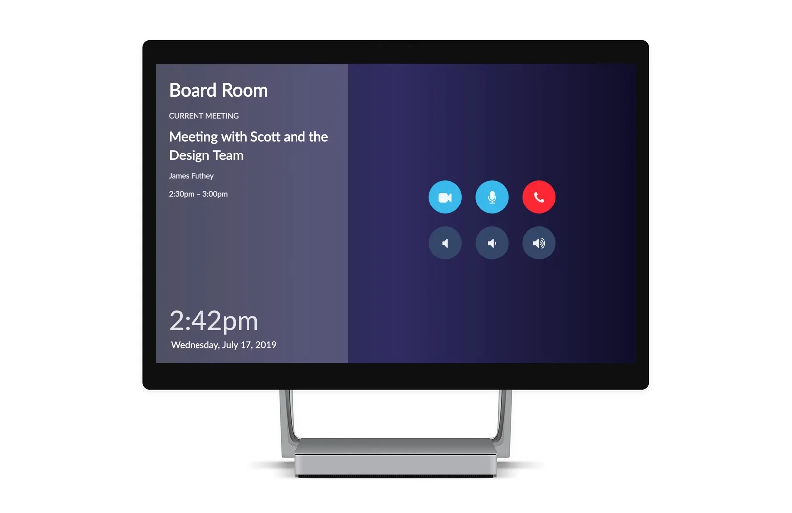 Touchscreen room console showing the current meeting with camera, microphone and call controls