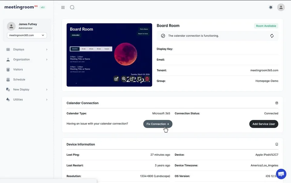 Admin portal display page with the Fix Connection button