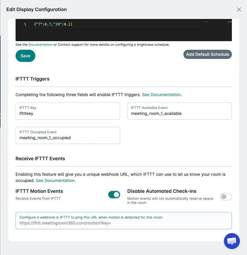 Display configuration with the IFTTT motion webhook URL