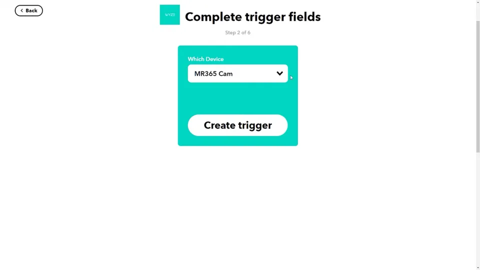 IFTTT Wyze trigger fields with the camera selected