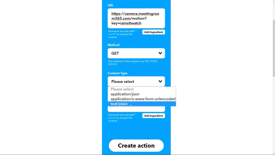 IFTTT web request action with the Meeting Room 365 motion URL