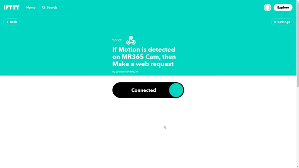 IFTTT applet connected: motion on the camera makes a web request