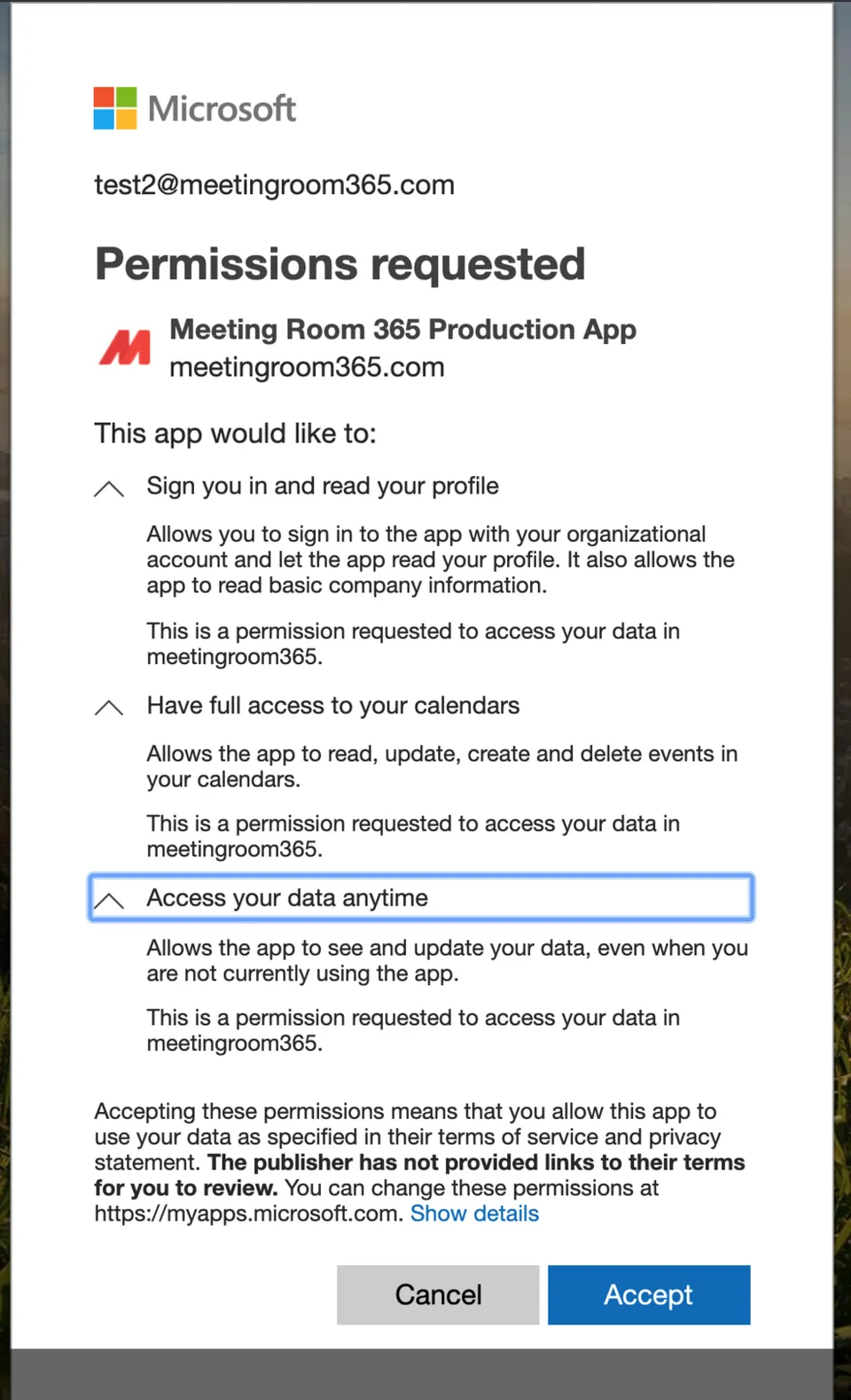 Microsoft Permissions requested for the Meeting Room 365 app