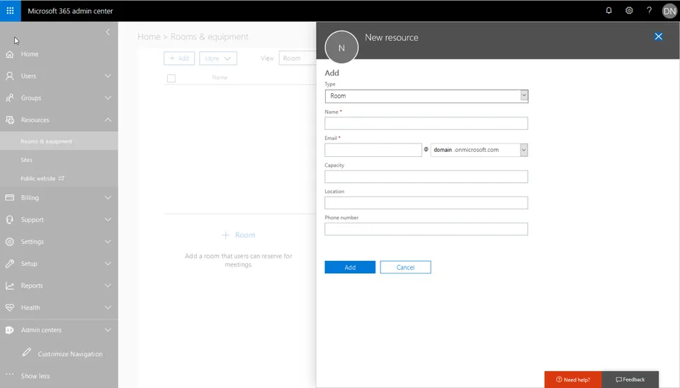 New resource form for adding a room in Microsoft 365 admin center