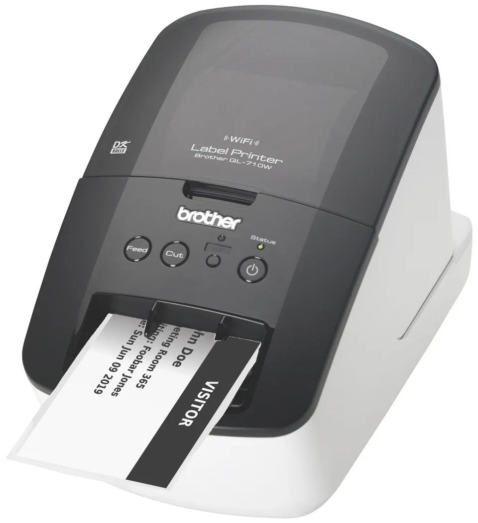 Brother QL-710W label printer printing a visitor badge