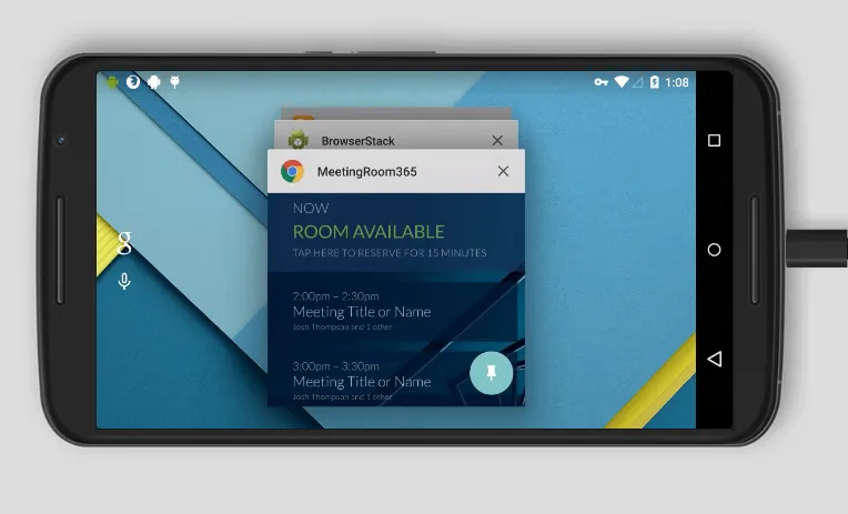 Android overview screen showing the Meeting Room 365 display with the pin icon