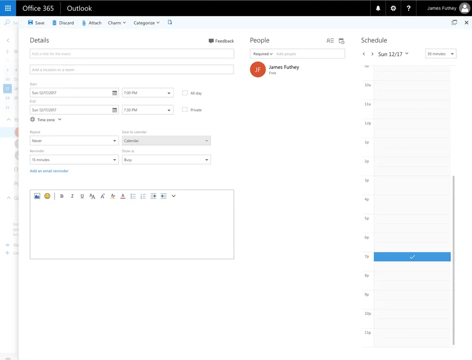 Outlook new event form with the meeting room scheduled