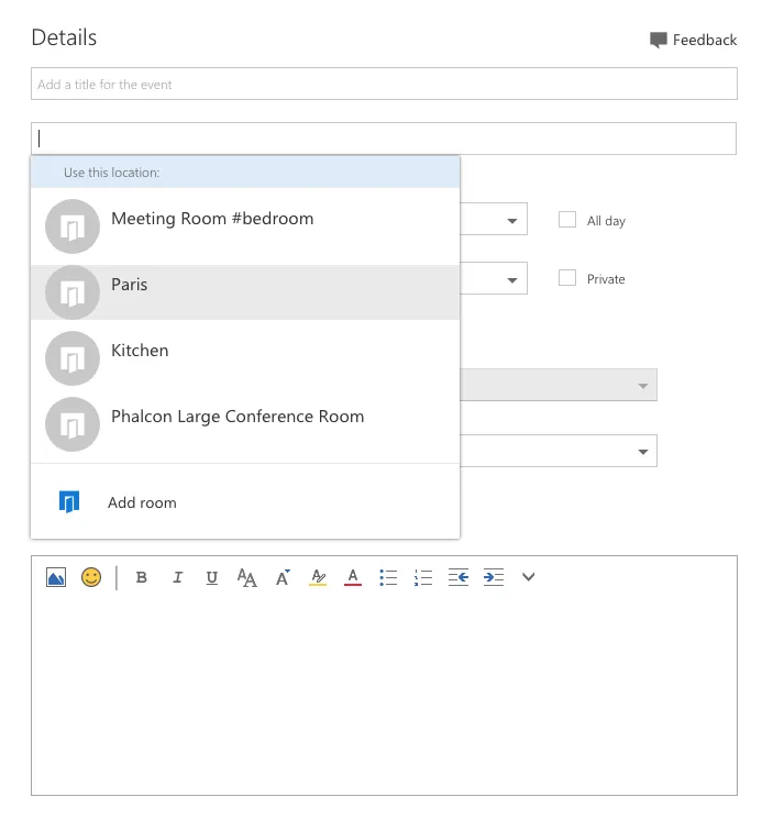 Outlook location picker listing meeting rooms