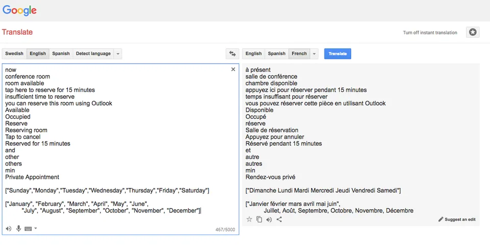 Google Translate converting display strings into French