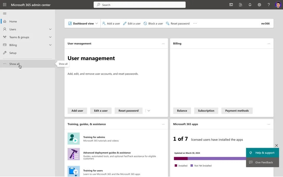 Microsoft 365 admin center with Show all selected in the navigation