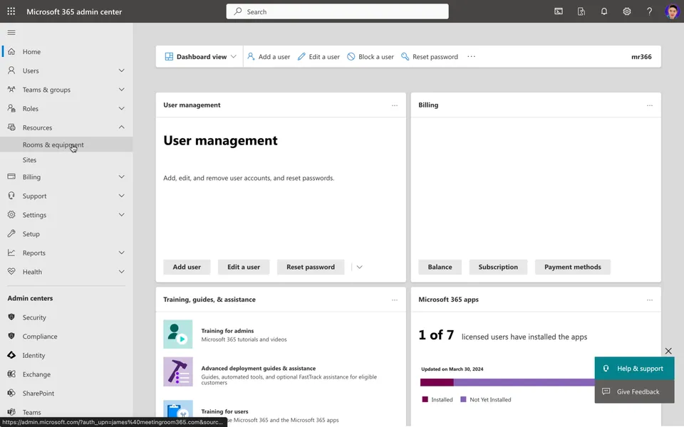Microsoft 365 admin center Rooms and equipment under Resources